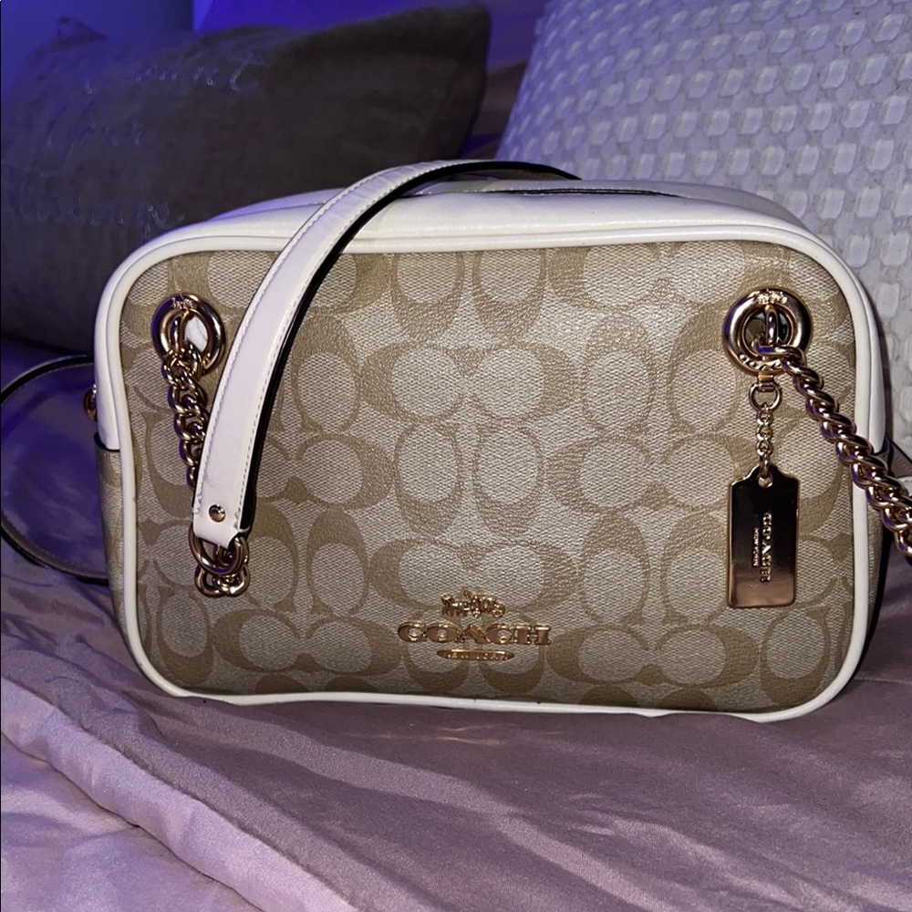 Coach Tan and White Crossbody Bag with Monogram Pattern